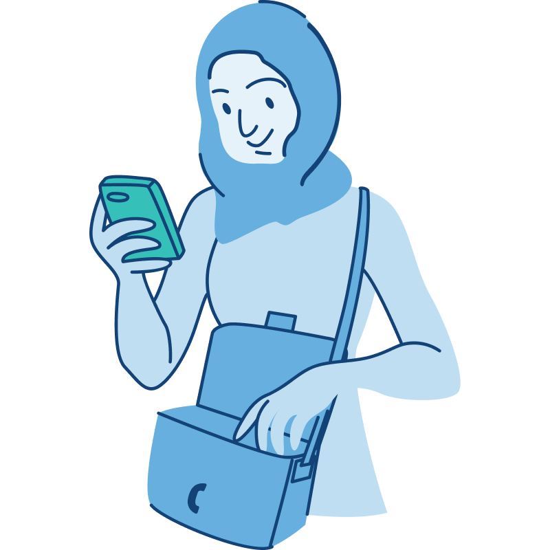 An illustration of a Malaysian woman in a hijab standing with a shoulder bag, checking her mobile phone.