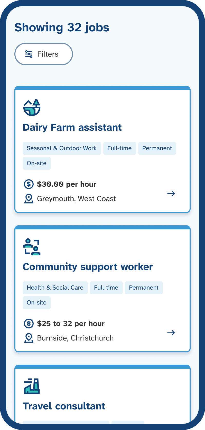 Mobile phone screen showing a list of job search results. Each result shows the job title, industry, full-time or part-time, employment type, workplace option, pay rate, and location.