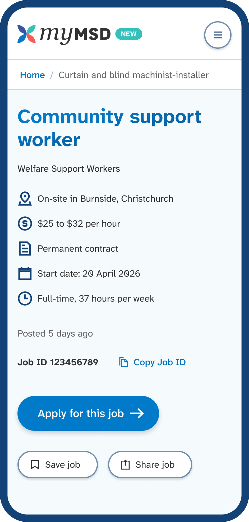 Mobile phone screen showing the summary section of a job listing. Shows the job title, work type, location, pay rate, employment type, start date, hours, and the job ID.