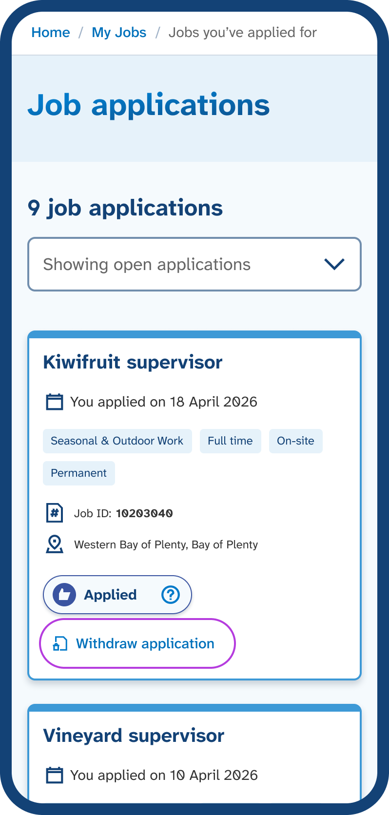 Mobile phone screen showing the 'Job applications' page, displaying a job card with a Withdraw application button.