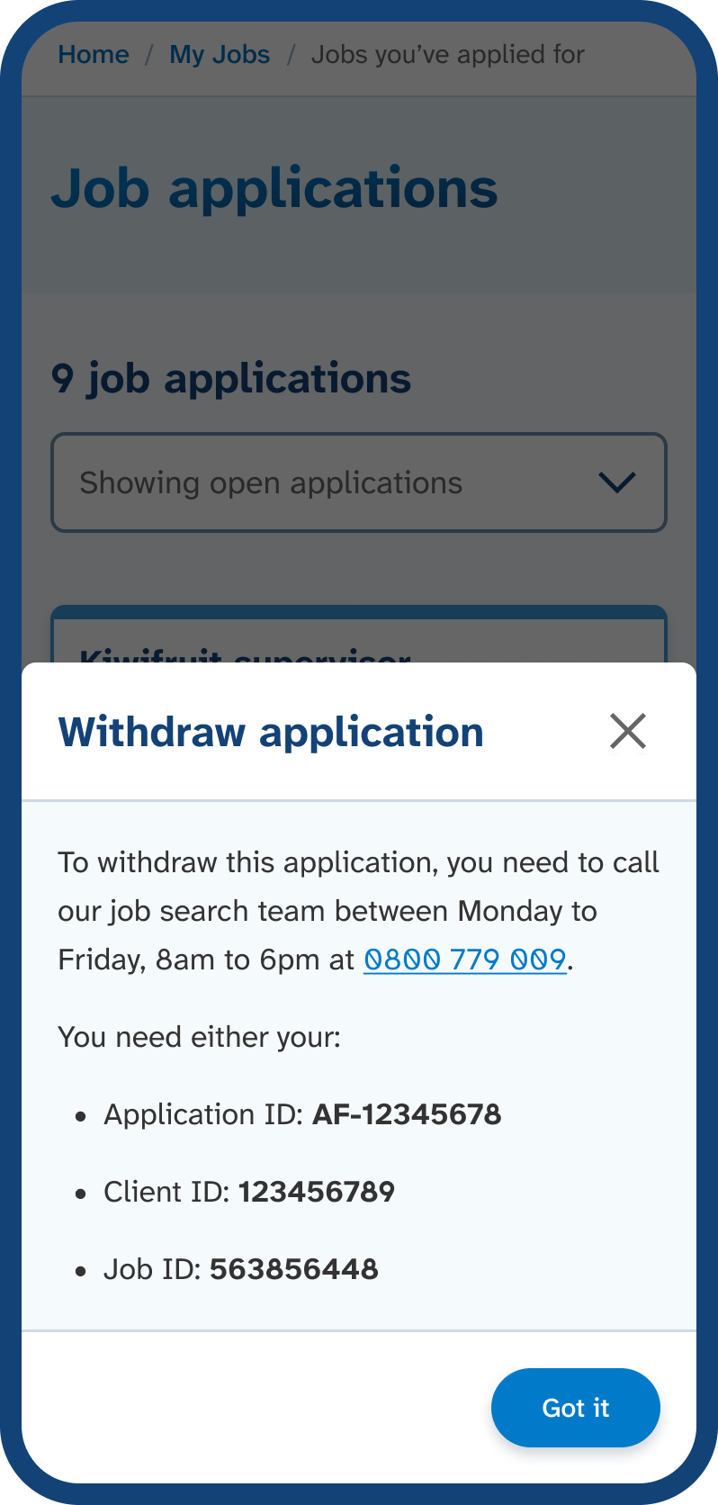 Mobile phone screen showing the Withdraw application popup with the phone number and example Application ID, Client ID, and Job ID.