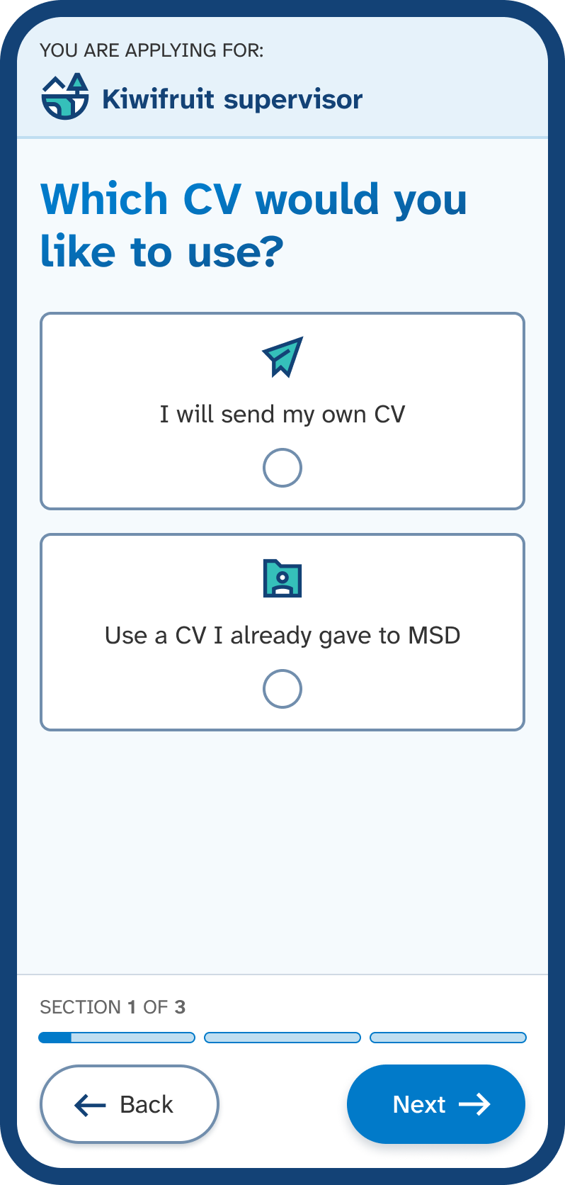 Mobile phone screen showing section 1 to apply, asking 'Which CV would you like to use?' with options for each CV type.