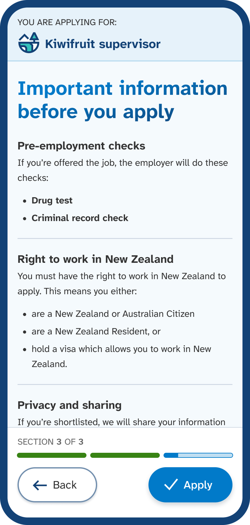 Mobile phone screen showing section 3 to apply, titled 'Important information before you apply', with sections displaying pre-employment checks required, a statement about right to work, and privacy and sharing information.