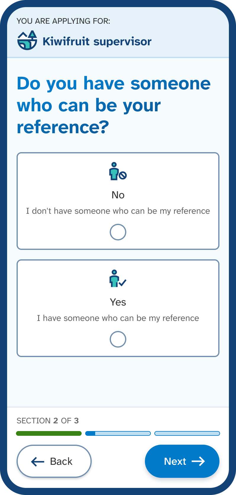 Mobile phone screen showing section 2 to apply, asking 'Do you have someone who can be your reference?' with options for ‘Yes’ or ‘No’.