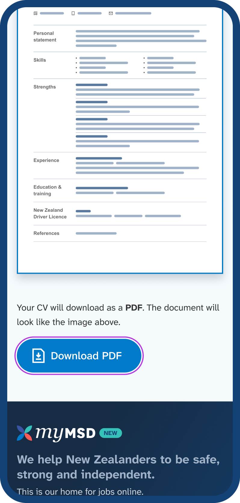 Mobile phone screen scrolled down past the CV preview on the ‘CV builder’ page, showing a buttons to ‘Download PDF’.