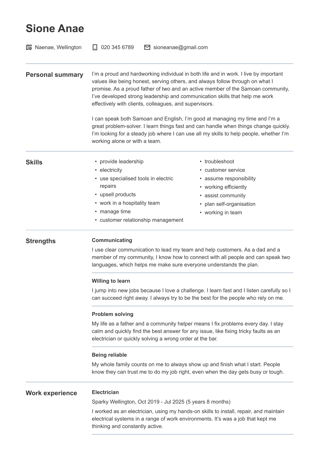 Shows the PDF layout for contact details, personal summary, skills, strengths and work experience.
