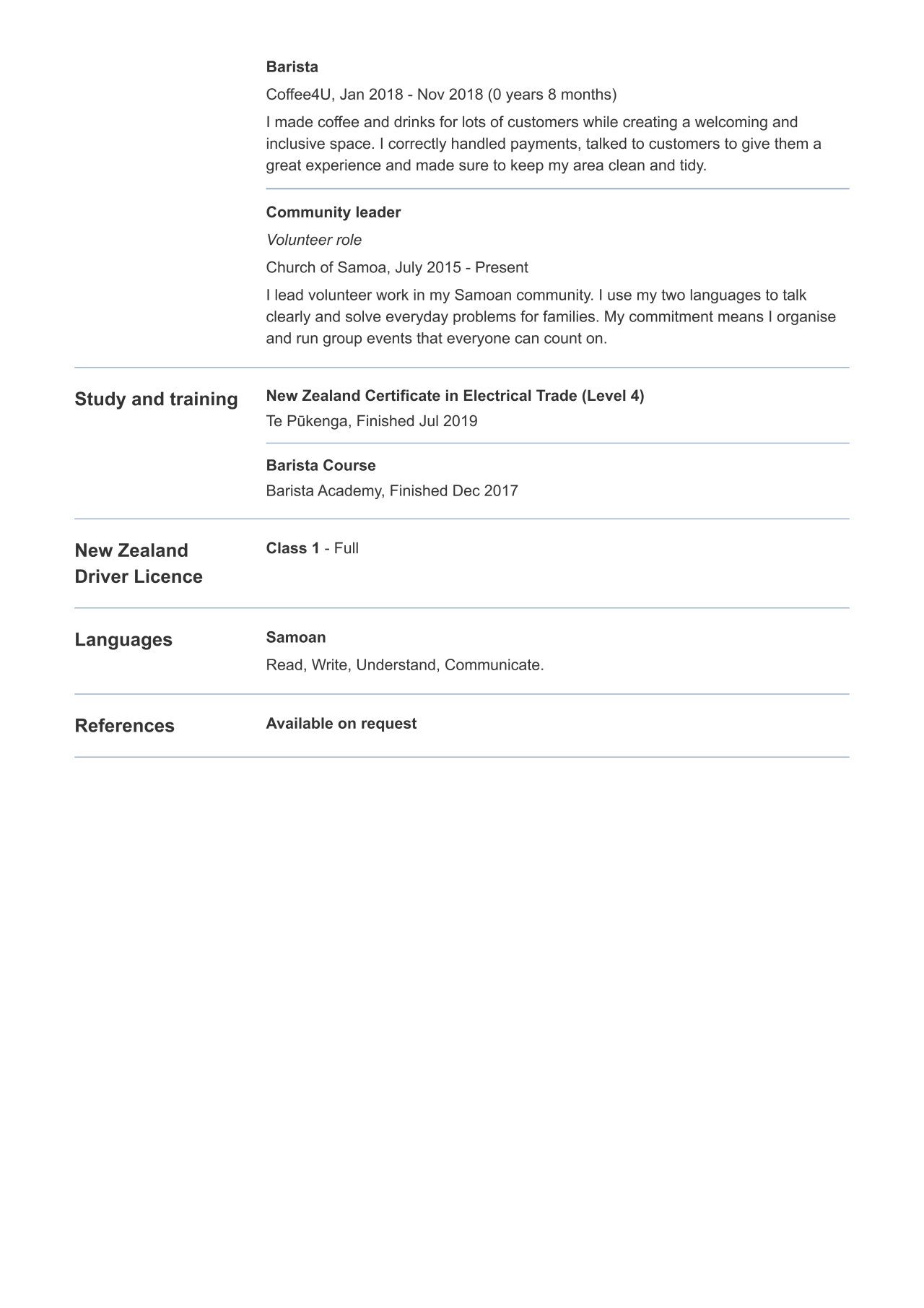 Shows the PDF layout for study and training, driver licences, languages, and references.