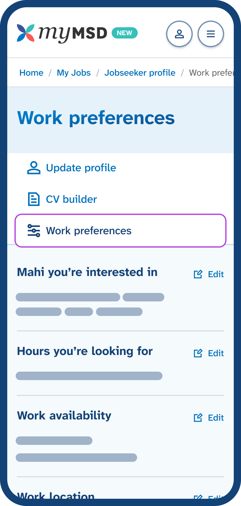 Mobile phone screen showing the Jobseeker profile menu with 'Work preferences' tab highlighted, displaying buttons below to change the work and hours you want.