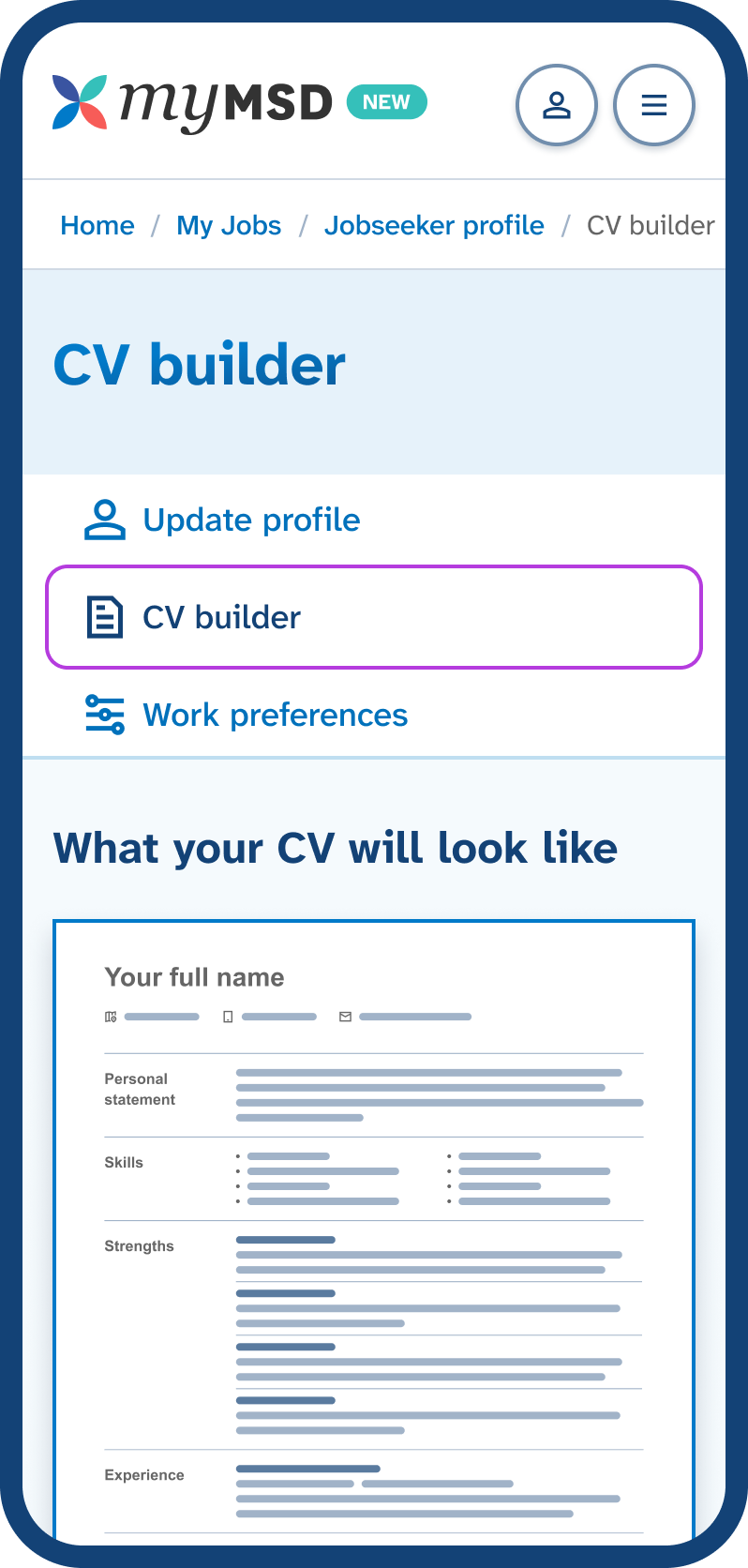 Mobile phone screen showing the Jobseeker profile menu with 'CV builder' tab highlighted, displaying a preview section titled 'What your CV will look like'.