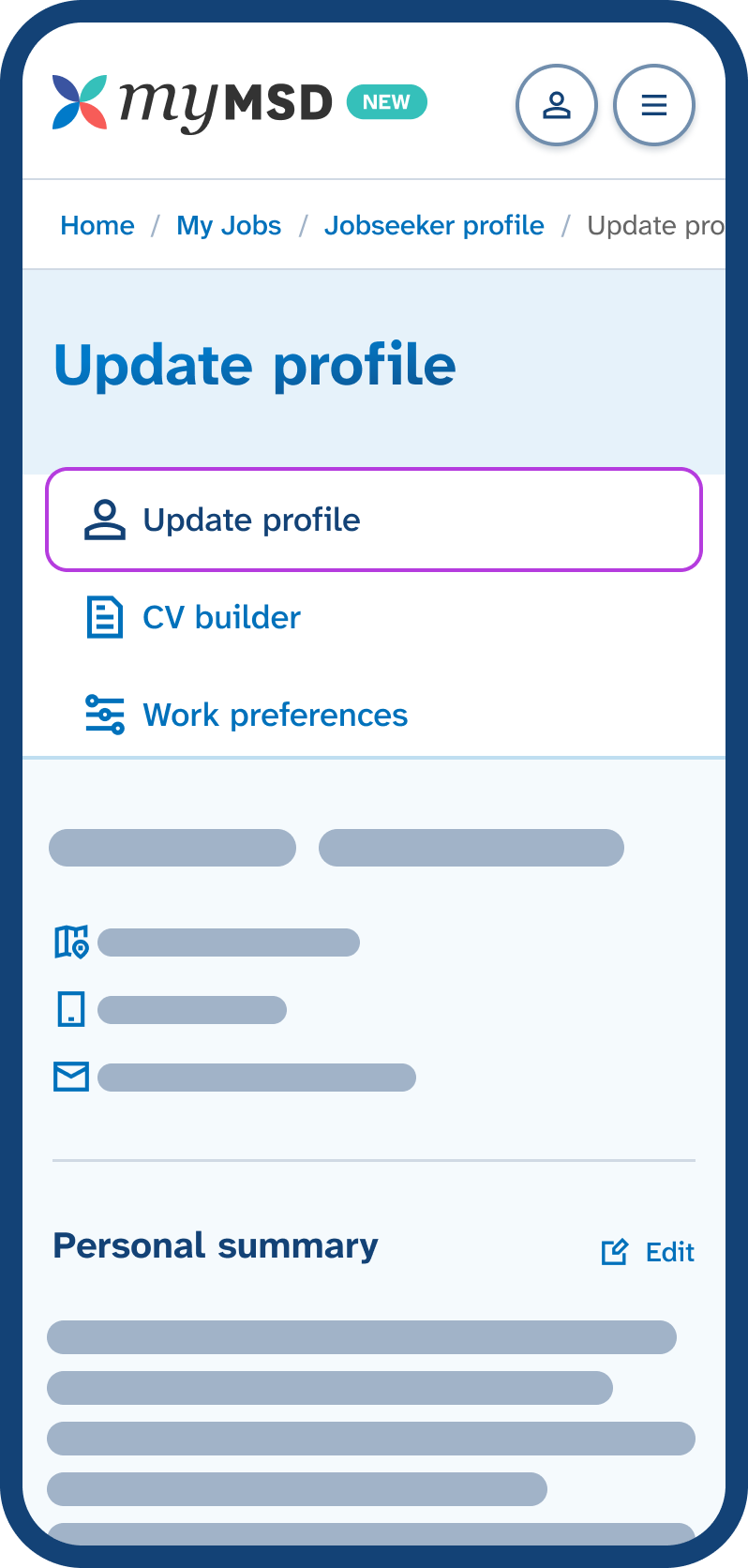 Mobile phone screen showing the Jobseeker profile menu with 'Update profile' tab highlighted, displaying the start of the profile below.
