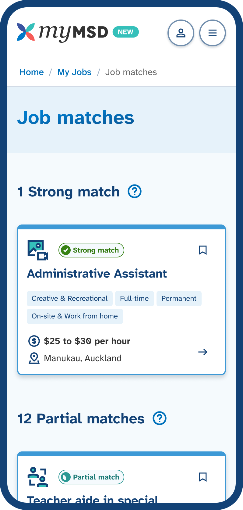 Mobile phone screen showing the Job matches page, displaying jobs listed under 'Strong matches' and 'Partial matches' sections.