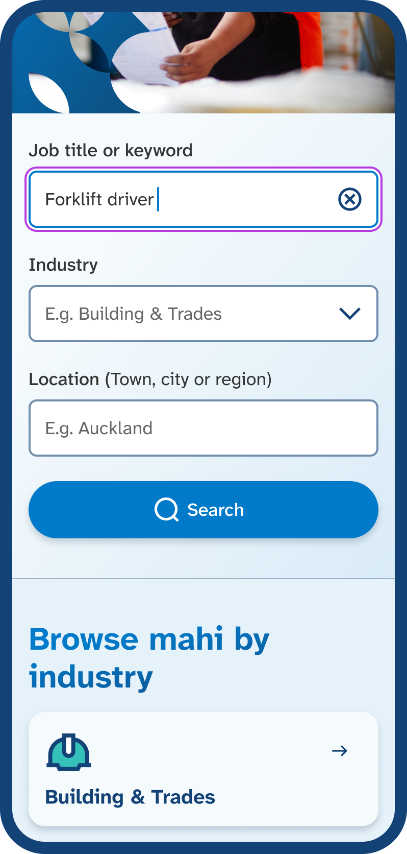 Mobile phone screen with ‘forklift driver’ typed into the job title or keyword field.