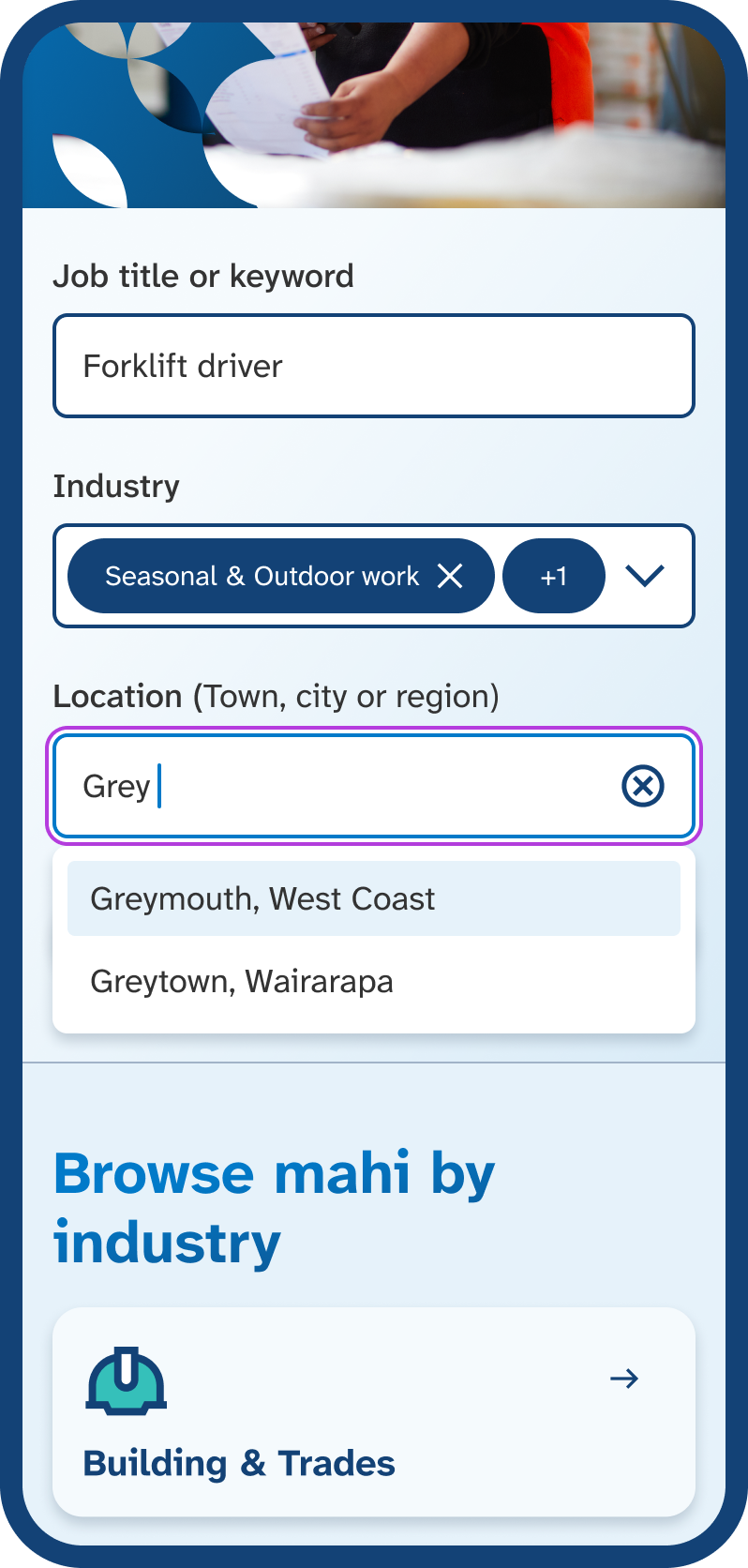 Mobile phone screen with ‘Grey’ typed into the Location field, showing a list of suggested New Zealand locations that start with ‘Grey’.
