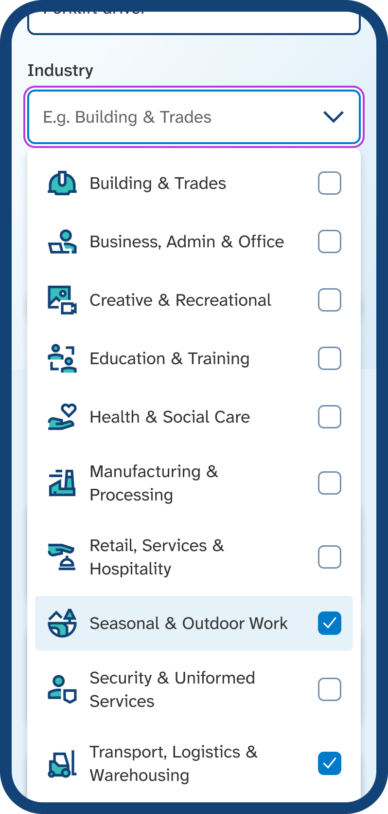 Mobile phone screen showing the industry list with two options selected, ‘seasonal and outdoor work’ and ‘transport, logistics and warehousing’.